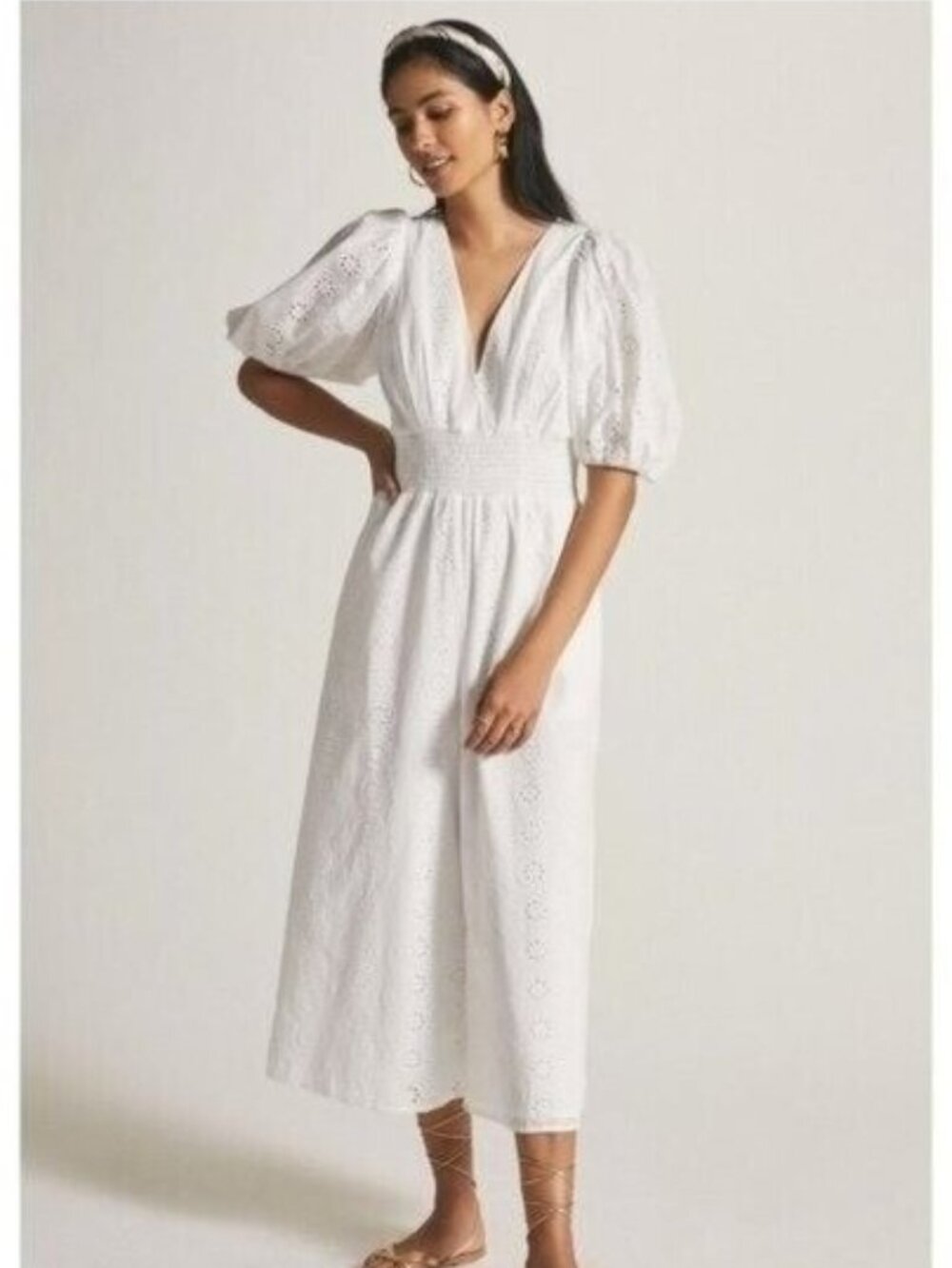 🛍 Anthropologie Hutch Smocked Waist Puff Sleeve Eyelet Jumpsuit White Size XLP